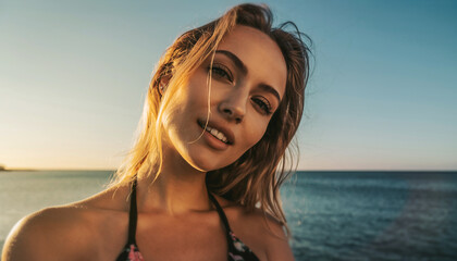 portrait de femme blonde souriante &agrave; la plage au coucher du soleil