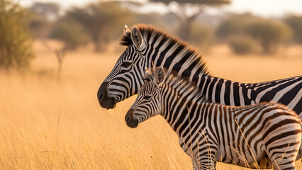 Two zebras standing together in savannah grassland