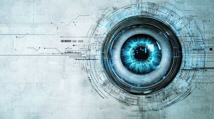 A futuristic eye with circuitry and data processing on a white background.