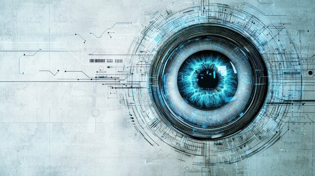 A futuristic eye with circuitry and data processing on a white background. - Powered by Adobe