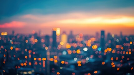 A vibrant cityscape at sunset with a mix of modern and traditional architecture, illuminated by warm orange and yellow lights, against a backdrop of a cloudy sky.
