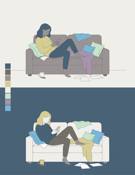 Woman Doomscrolling on Messy Sofa - Social Media Addiction, Depression and Insomnia Concept