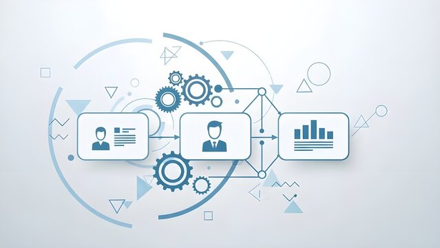 A business process diagram with gears and graphs on a white background - Powered by Adobe