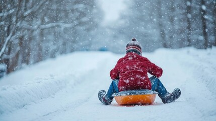 A child sledding down a snowy hill in a red jacket and blue pants.