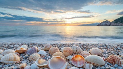Seashells on a pebble beach with a sunset in the background.