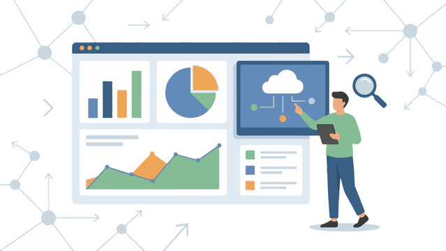 Man analyzing business data on dashboard with cloud technology and network