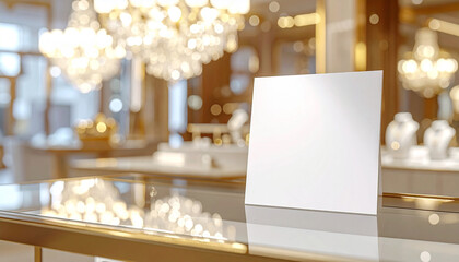 Luxury card displayed on glass table in upscale jewelry store with elegant chandeliers
