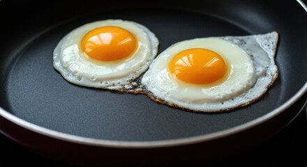 Fried eggs sunny side up cooking in nonstick pan with golden yolks and crispy edges
