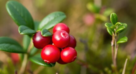 Lingonberry cluster on glossy green leaves in shallow forest background