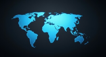 Fototapeta premium World map glowing in blue silhouette on dark background with soft vignette