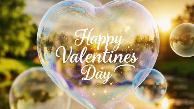Happy valentines day heart shaped soap bubble with festive text on blurred background with bubbles