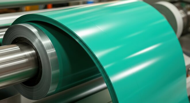 Coated steel coil on industrial roller in metal sheet production line facility