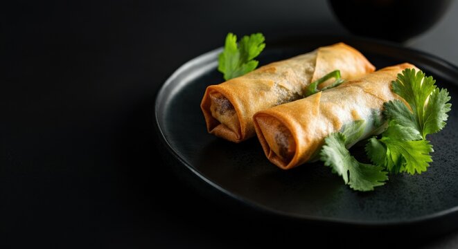 Fried Vietnamese cha gio spring rolls on black plate with cilantro garnish
