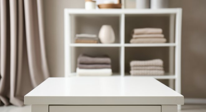White tabletop in minimalist interior with shelving and neatly folded textiles