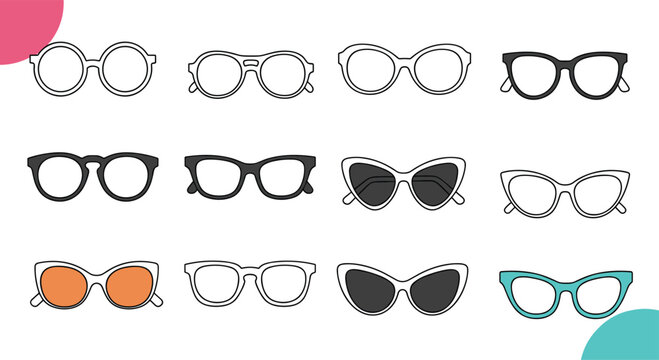 Diverse collection of eyeglass and sunglass frame styles in various shapes and colors ranging from classic to modern designs.