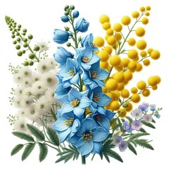 Blue, white, and yellow flowers