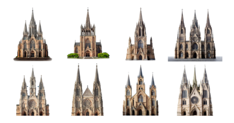 Stunning Gothic Architecture Models of Iconic Cathedrals Displayed, Bundle Set Collection, Isolated on Transparent Background