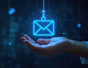 Cybersecurity concept abstract mail icon with hook over open palm, digital data background. Protecting against online threats secure communication safety.