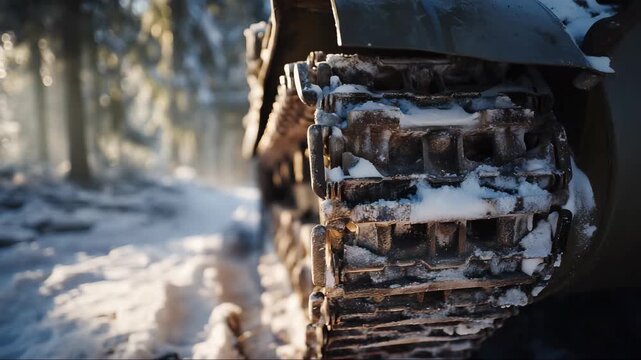 Close up snowy tracked vehicle treads sunlit winter forest