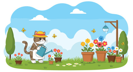 Obraz premium Cute cat wearing a hat and apron watering flowers in a beautiful garden landscape with butterflies and sunny blue sky.
