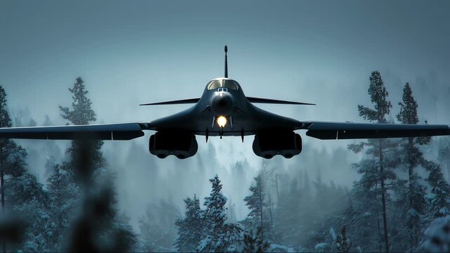 Front view jet aircraft flying low over misty pine forest