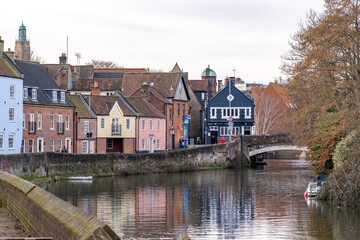 View down Quayside and the River Wensum towards Fye Bridge in the city of Norwich