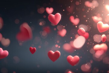 Red hearts float in the air during a celebration with lights and soft colors in the background