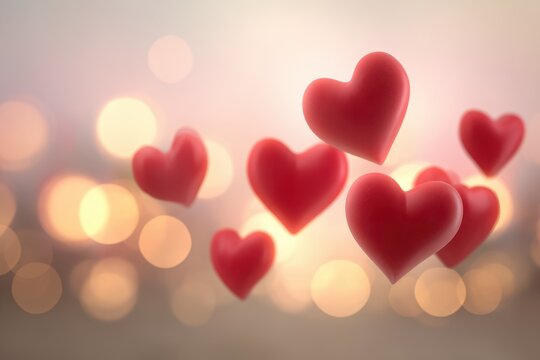 Red hearts floating in a blurred background with lights during an event celebrating love and connection