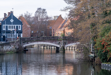 View down Quayside and the River Wensum towards Fye Bridge in the city of Norwich