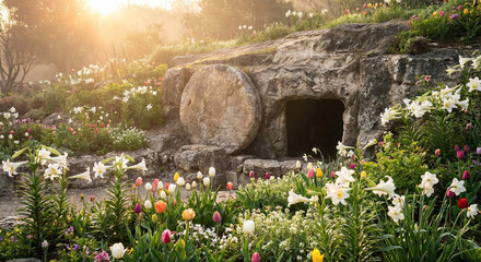 Fototapeta premium Beautiful garden tomb with rolled away stone surrounded by blooming Easter lilies and colorful tulips at sunrise representing Resurrection