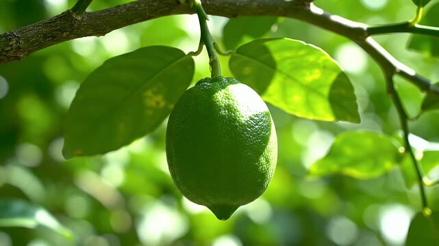 Close-up of key limes hanging from a tree branch with leaves, on a sunny day
