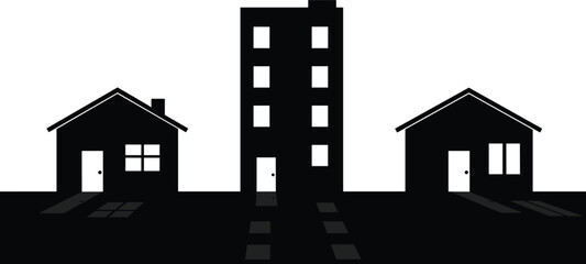 Urban residential buildings silhouette vector illustration, modern apartment block and suburban houses skyline, minimalist city neighborhood architecture design, black flat style graphic © Parvej Creatives