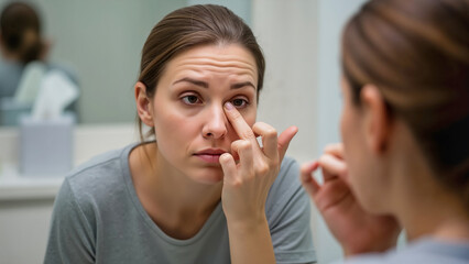 Young woman looking in the mirror checking her Itchy eye symptom.