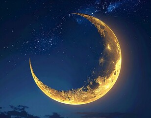 Golden crescent moon illuminates a starry night sky with cosmic wonder.