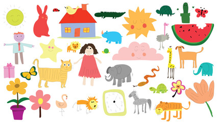 Obraz premium Cute Kids Learning Vector, Hand Drawn Child Education Elements, School and Play Illustration 