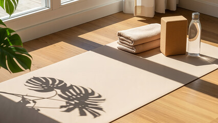 Aesthetic sunlight scene with accessories creating a Home yoga sanctuary. Perfect for interior design blogs, wellness websites, and social media backgrounds.