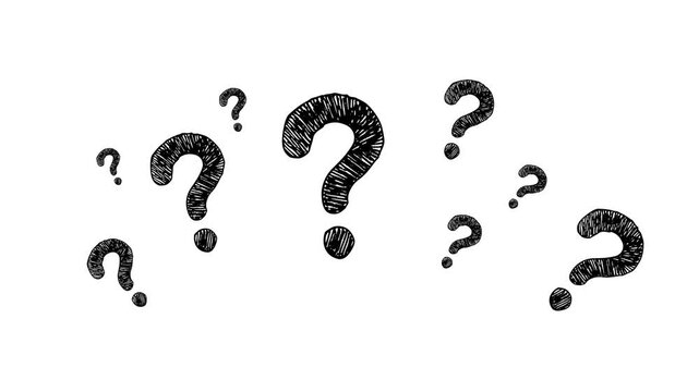 Hand drawn black question marks animation on white background representing curiosity confusion uncertainty and FAQ concepts for educational videos and business presentations.
