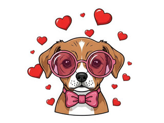 Dog with sunglasses and hearts isolated on transparent background