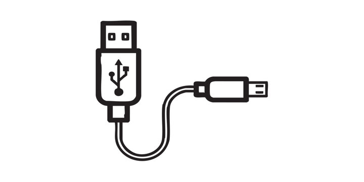 USB regular cord with adapter to mini thin line icon, tech concept. Vector graphics. Regular wire sign on white background, outline style icon for mobile or web design.