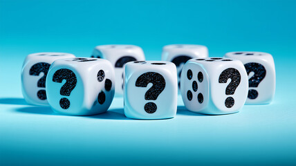 青背景に並ぶ疑問符付きサイコロループ、遊び心ある整列