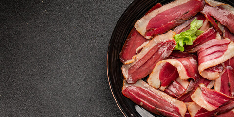 Duck breast slice magret smoked meat poultry meat food tasty snack fresh delicious gourmet food...