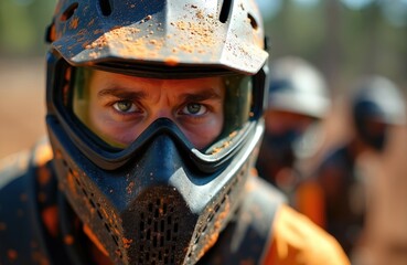 Fototapeta premium Paintball player wears helmet with orange paint splatters. Intense eyes look directly at camera. Teammates blurred in background. Action sport ready.