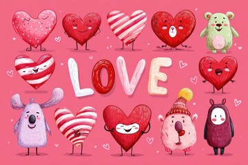 Colorful cartoon hearts and characters celebrate love on a pink background during a joyful occasion