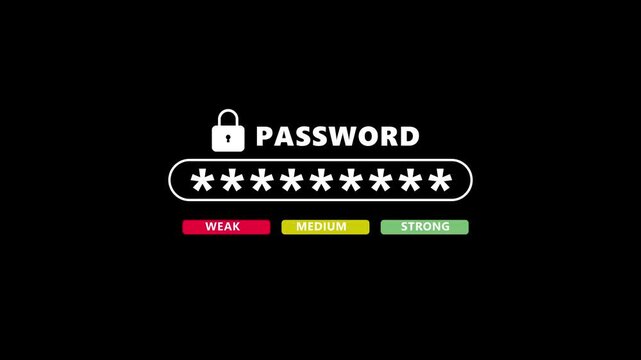 Password Strength Indicator Animation Strong Security Level, Typing Password with Strength Meter Animation