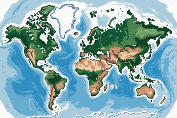 Stylized map with green and brown continents on blue oceans