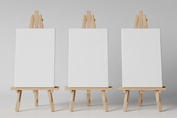 Three blank white canvases on wooden easels in a row empty