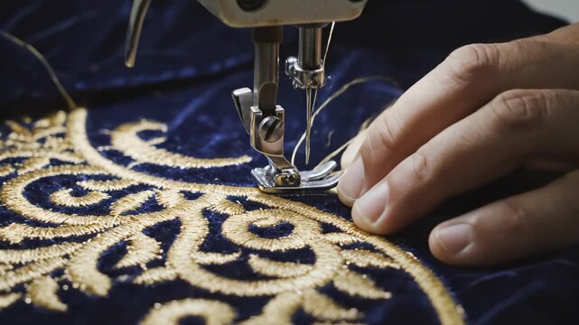 Sewing machine stitching pattern on fabric