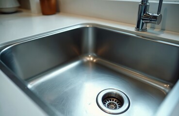 Shiny stainless steel kitchen sink with modern chrome faucet. Clean basin, drain detail, and countertop surface. Perfect for home, apartment, or commercial kitchen remodel.
