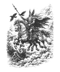 Odin the Allfather riding his mythical horse through stormy skies, powerful black and white hand drawn engraving style Norse mythology illustration