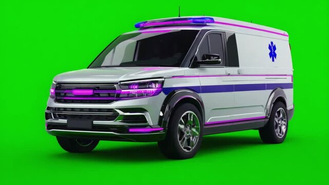Modern ambulance with flashing lights on green screen for emergency response